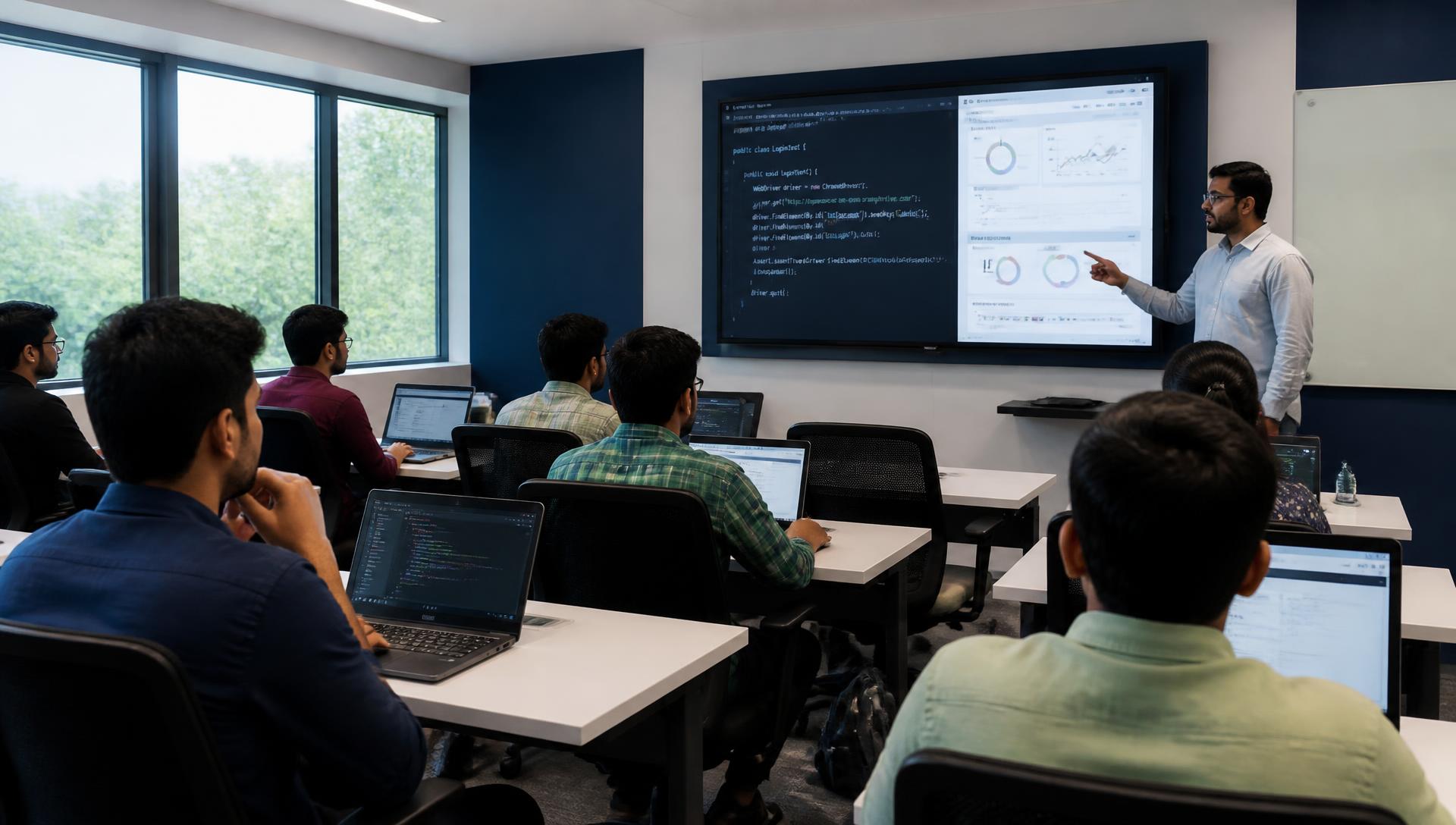 Students learning software testing and automation in a Tech Vista Global Institute classroom